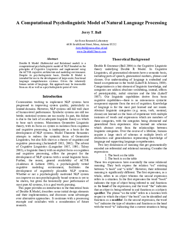 (PDF) A Computational Psycholinguistic Model of Natural Language Processing
