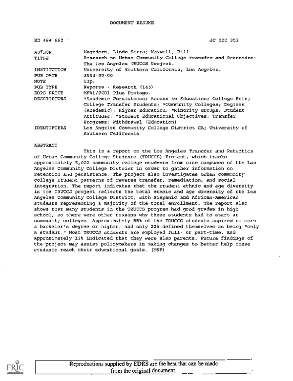 (PDF) Research on Urban Community College Transfer and Retention: The ...