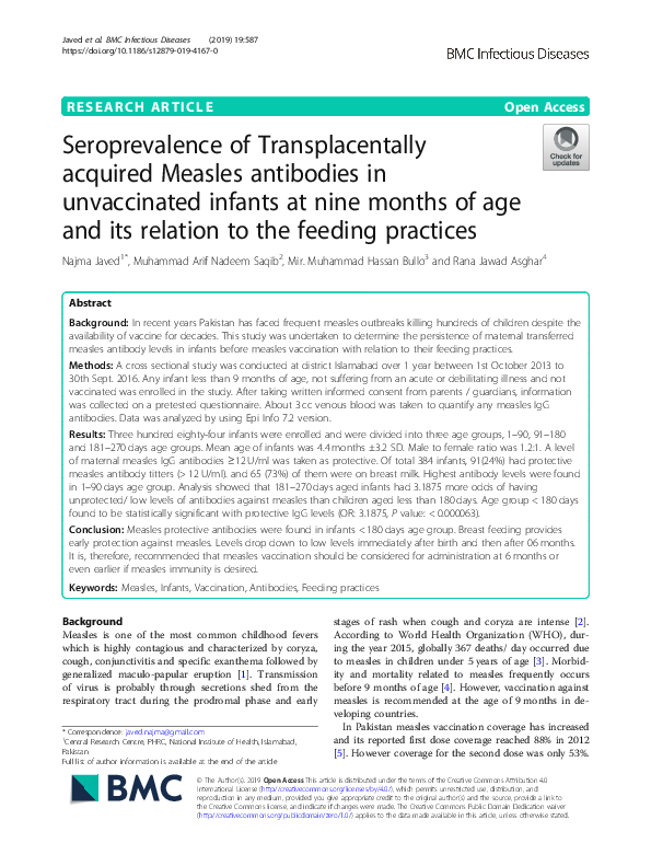 (PDF) Seroprevalence of Transplacentally acquired Measles antibodies in ...