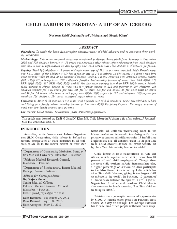 (PDF) Child Labour in Pakistan - A tip of an iceberg