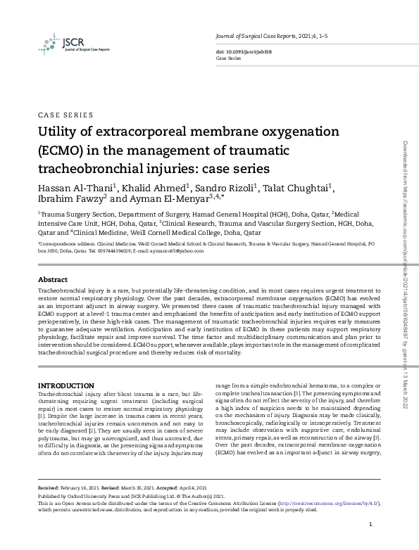 (PDF) Utility of extracorporeal membrane oxygenation (ECMO) in the ...