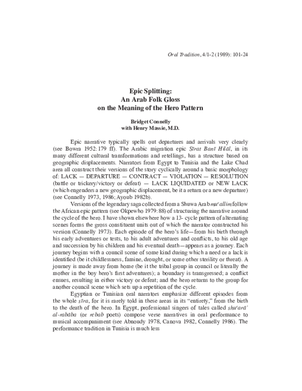 (PDF) Epic Splitting: An Arab Folk Gloss on the Meaning of the Hero Pattern