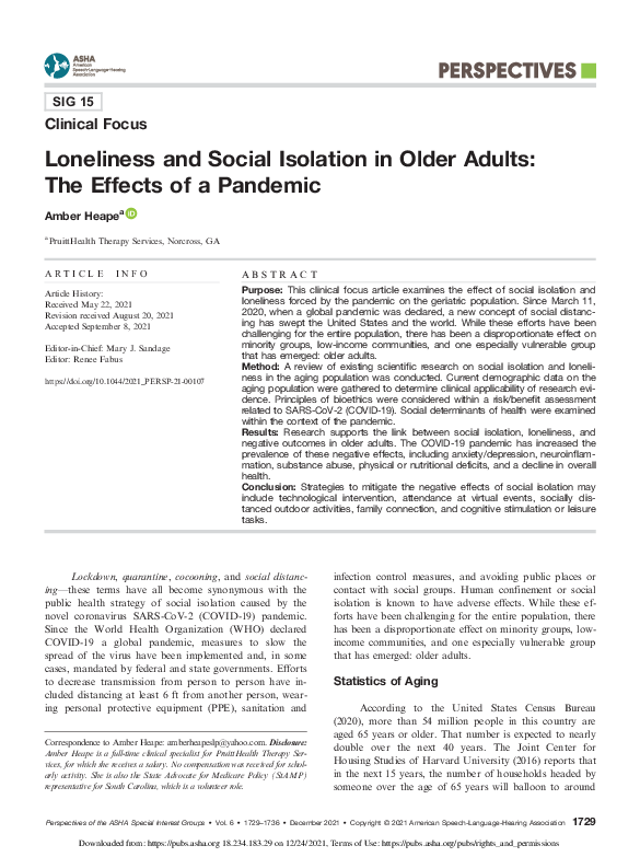 (PDF) Loneliness and Social Isolation in Older Adults: The Effects of a ...