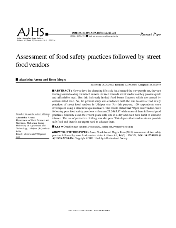 Assessment of food safety practices followed by street food vendors