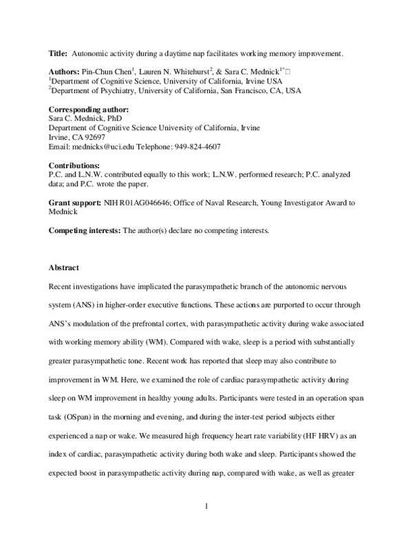 (PDF) Autonomic activity during a daytime nap facilitates working ...
