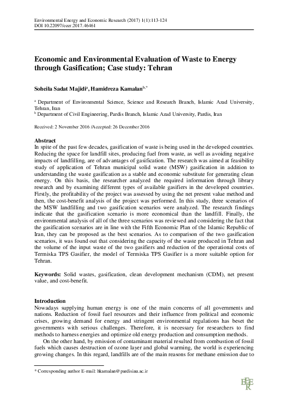 (PDF) Economic and Environmental Evaluation of Waste to Energy through ...
