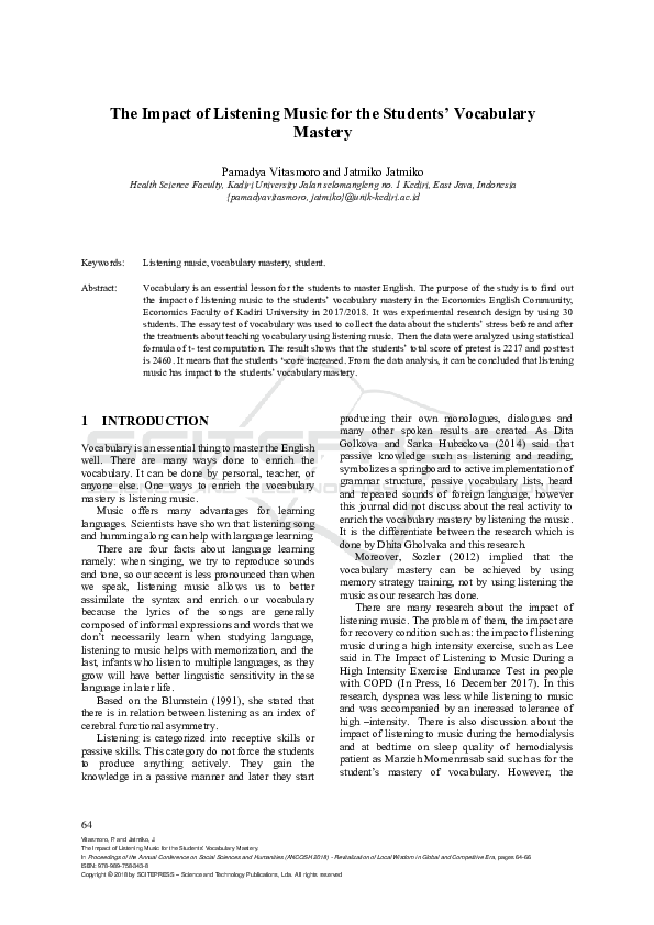 (PDF) The Impact of Listening Music for the Students’ Vocabulary Mastery