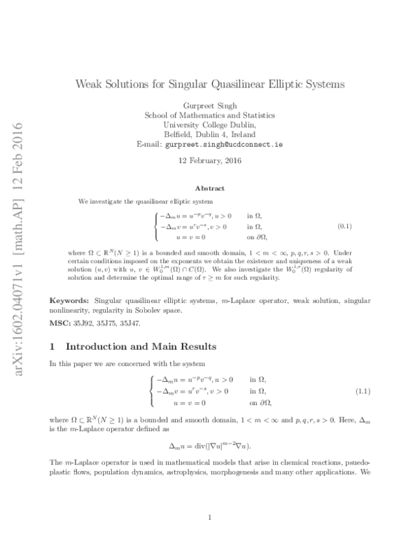(PDF) Weak solutions for singular quasilinear elliptic systems