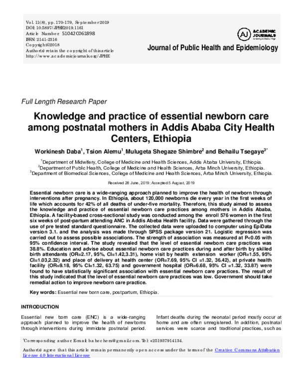 (PDF) Knowledge and practice of essential newborn care among postnatal ...