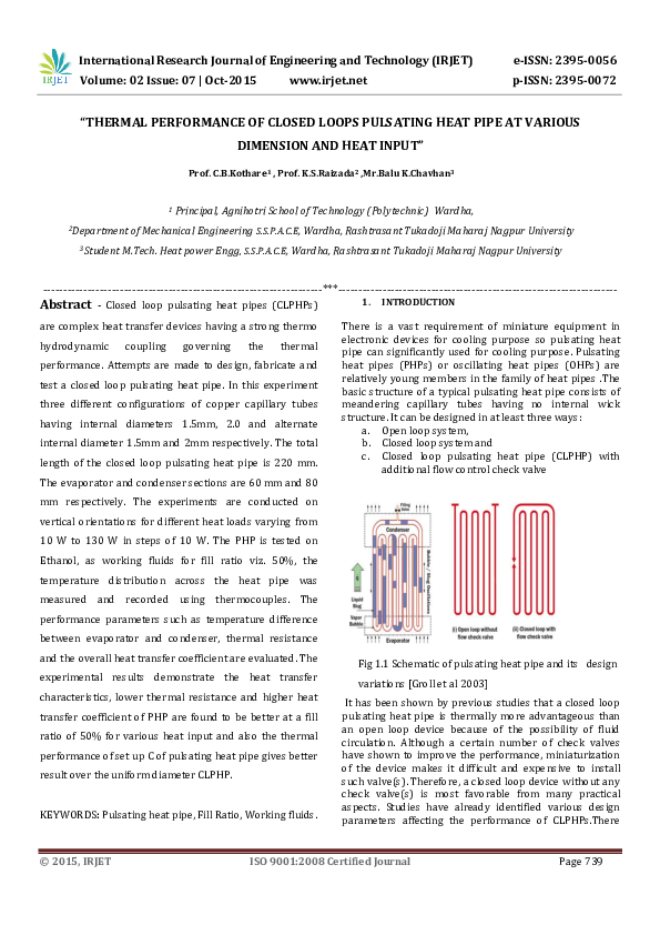 (PDF) Thermal Performance of Closed Loops Pulsating Heat Pipe at ...