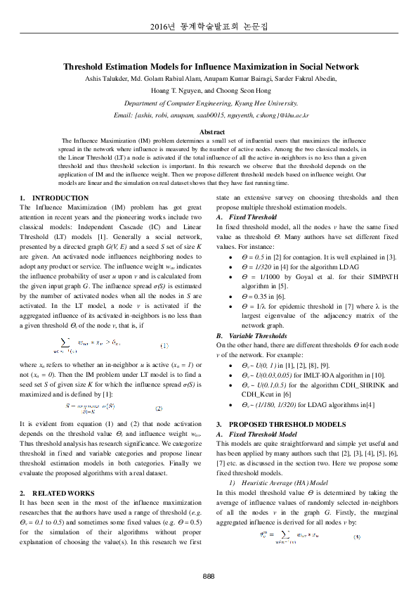 (PDF) Threshold Estimation Models for Influence Maximization in Social ...