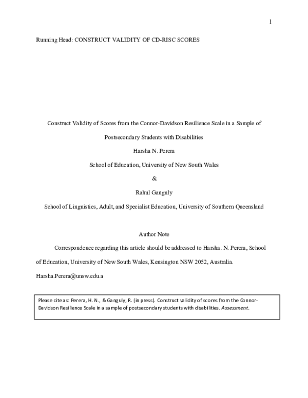 (PDF) Construct Validity of Scores From the Connor-Davidson Resilience ...