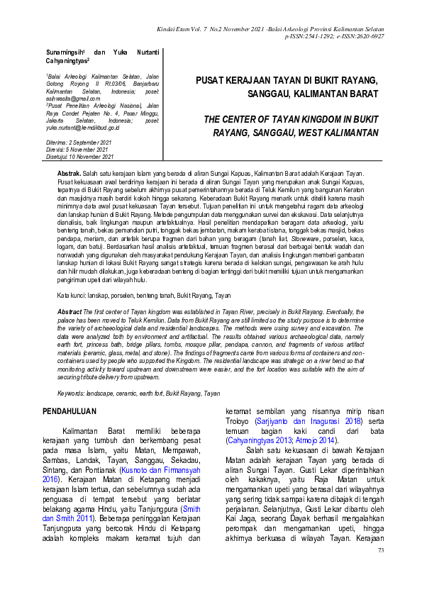 (PDF) Pusat Kerajaan Tayan DI Bukit Rayang, Sanggau, Kalimantan Barat