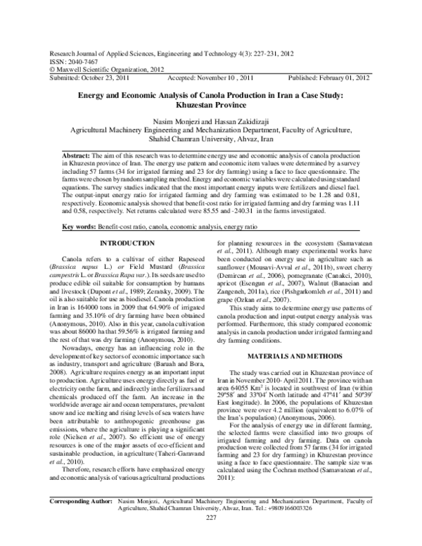 (PDF) Energy and Economic Analysis of Canola Production in Iran a Case ...