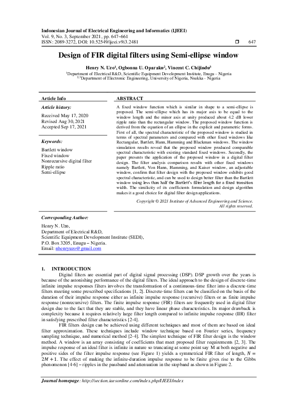 (PDF) Design of FIR digital filters using Semi-ellipse window