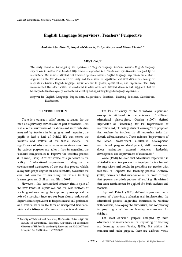 (PDF) English Language Supervisors: Teachers' Perspective
