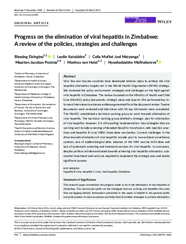 (PDF) Progress on the elimination of viral hepatitis in Zimbabwe: A ...