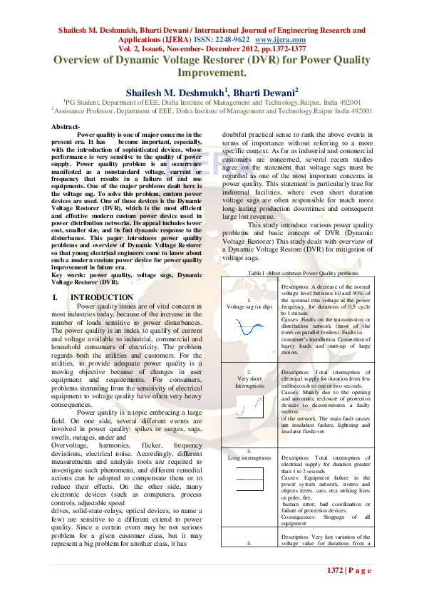 (PDF) Overview of Dynamic Voltage Restorer ( DVR ) for Power Quality ...
