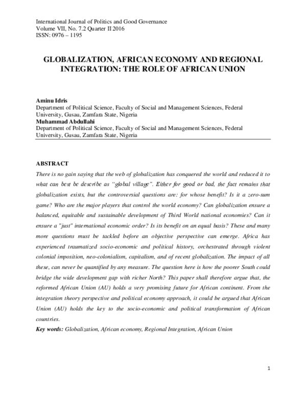 (PDF) Globalization , African Economy and Regional Integration : The ...