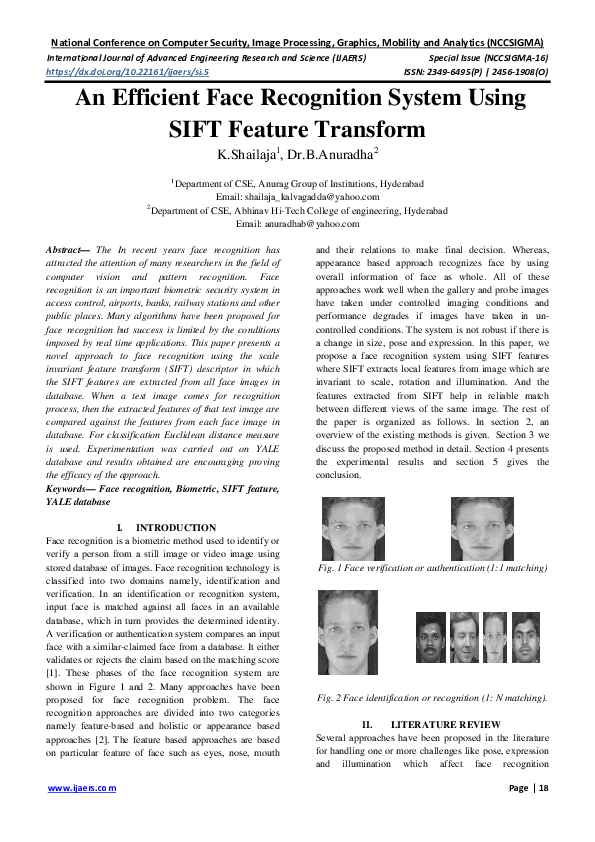 (PDF) An Efficient Face Recognition System Using SIFT Feature Transform