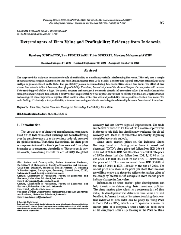 (PDF) Determinants of Firm Value and Profitability: Evidence from Indonesia