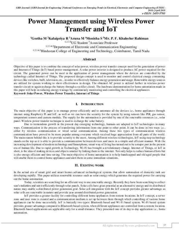 (PDF) Power Management using Wireless Power Transfer and IoT 1