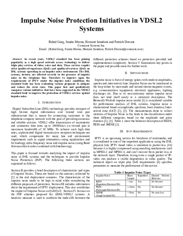 (PDF) Impulse Noise Protection Initiatives in VDSL 2 Systems