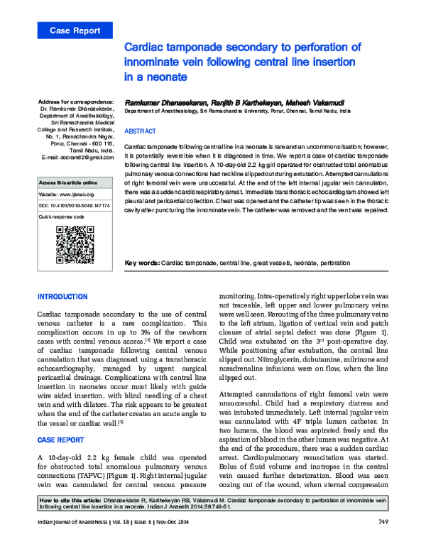 (PDF) Cardiac tamponade secondary to perforation of innominate vein ...