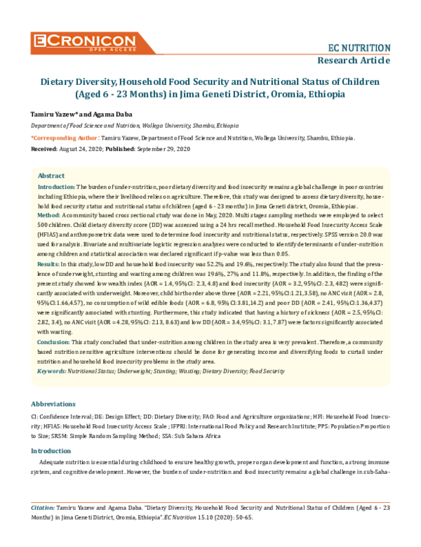 (PDF) Dietary Diversity , Household Food Security and Nutritional ...