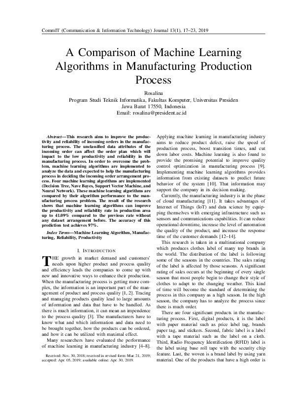 (PDF) A Comparison of Machine Learning Algorithms in Manufacturing ...