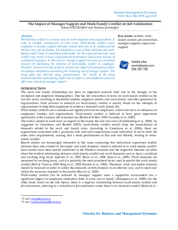 (PDF) The Impact of Manager Support and Work Family Conflict on Job ...
