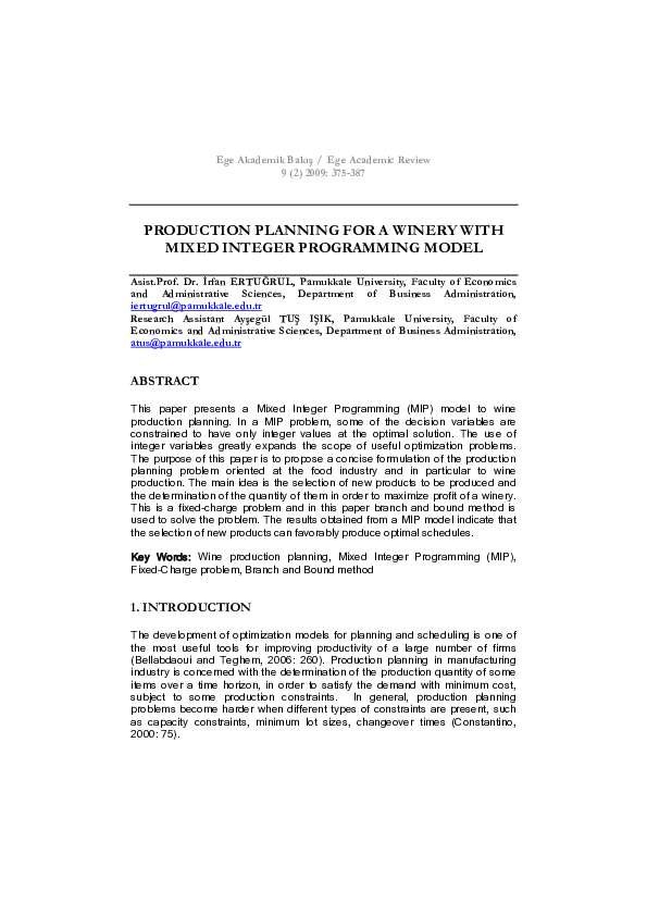 (PDF) Production Planning for a Winery With Mixed Integer Programming Model