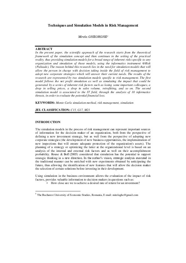 (PDF) Techniques and Simulation Models in Risk Management