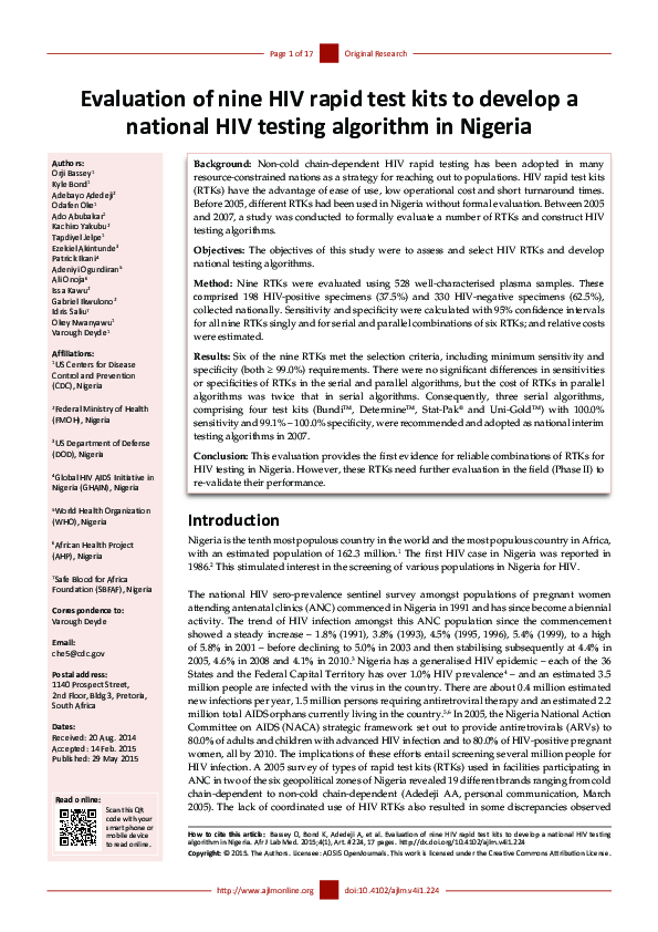 (PDF) Evaluation of nine HIV rapid test kits to develop a national HIV ...