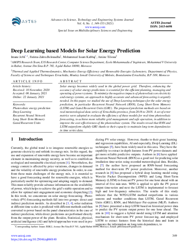 (PDF) Deep Learning based Models for Solar Energy Prediction