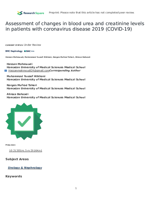 (PDF) Assessment of changes in blood urea and creatinine levels in ...