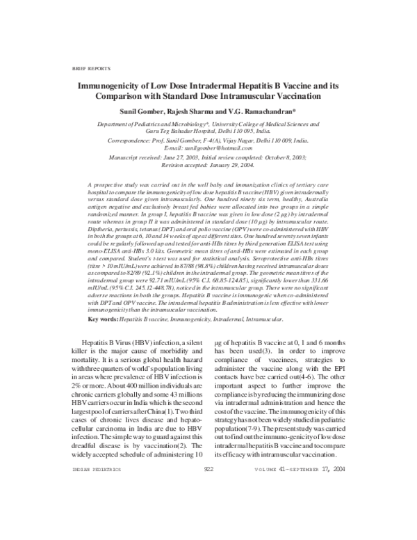 (PDF) Immunogenicity of low dose intradermal hepatitis B vaccine and ...