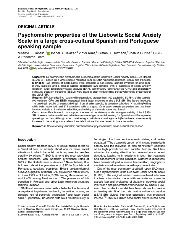 (PDF) Psychometric properties of the Liebowitz Social Anxiety Scale ...