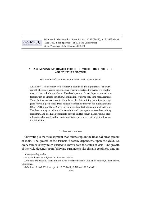 (PDF) A Data Mining Approach for Crop Yield Prediction in Agriculture ...