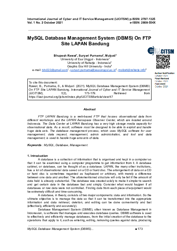 (PDF) MySQL Database Management System (DBMS) On FTP Site LAPAN Bandung