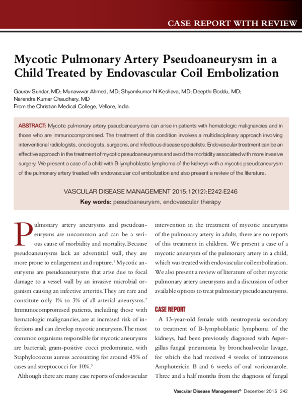 (PDF) Mycotic Pulmonary Artery Pseudoaneurysm in a Child Treated by ...