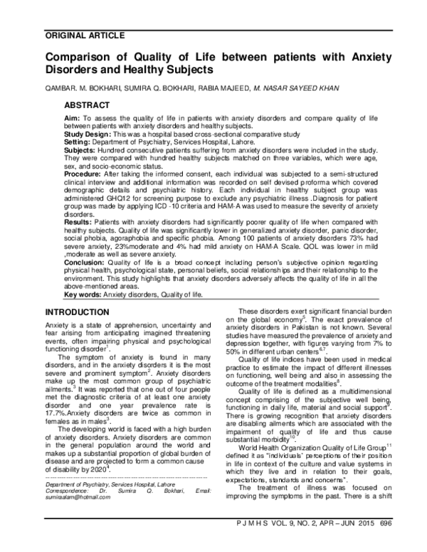 (PDF) Comparison of Quality of Life between patients with Anxiety ...