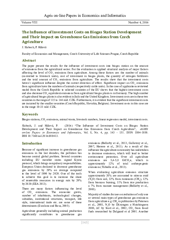 (PDF) The Influence of Investment Costs on Biogas Station Development