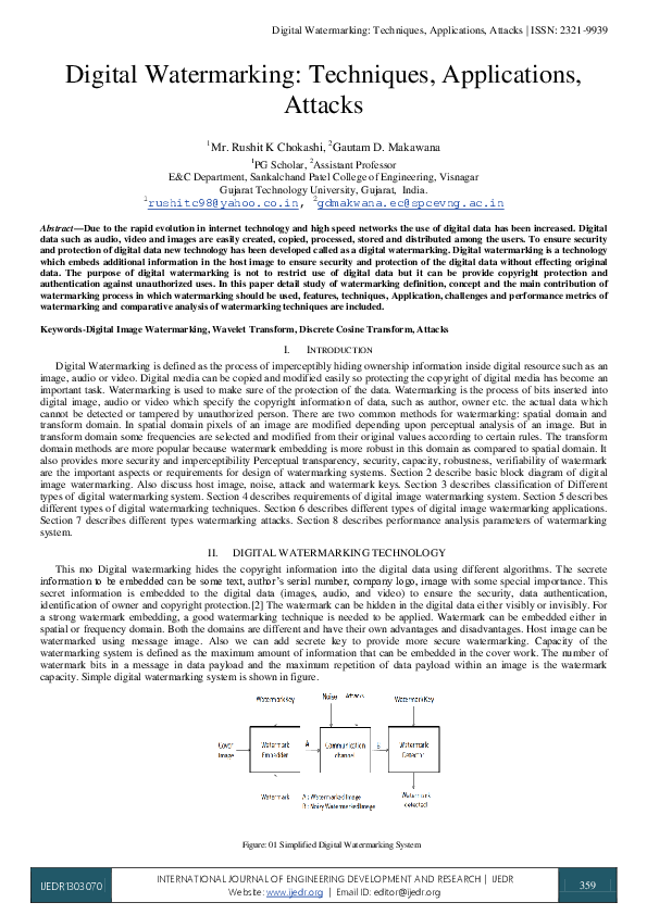 (PDF) Digital Watermarking : Techniques , Applications , Attacks