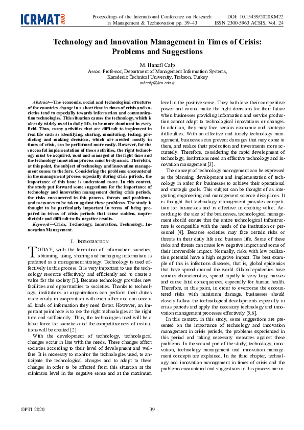 (PDF) Technology and Innovation Management in Times of Crisis: Problems ...