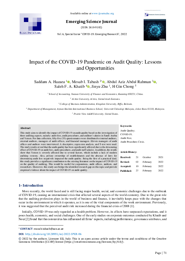 (PDF) Impact of the COVID-19 Pandemic on Audit Quality: Lessons and ...