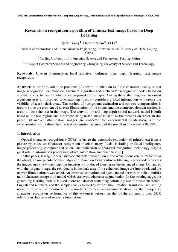 (PDF) Research on recognition algorithm of Chinese text image based on ...