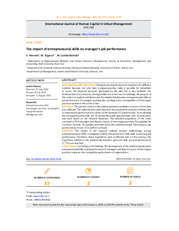 (PDF) The impact of entrepreneurial skills on manager's job performance