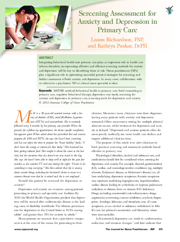 (PDF) Screening Assessment for Anxiety and Depression in Primary Care