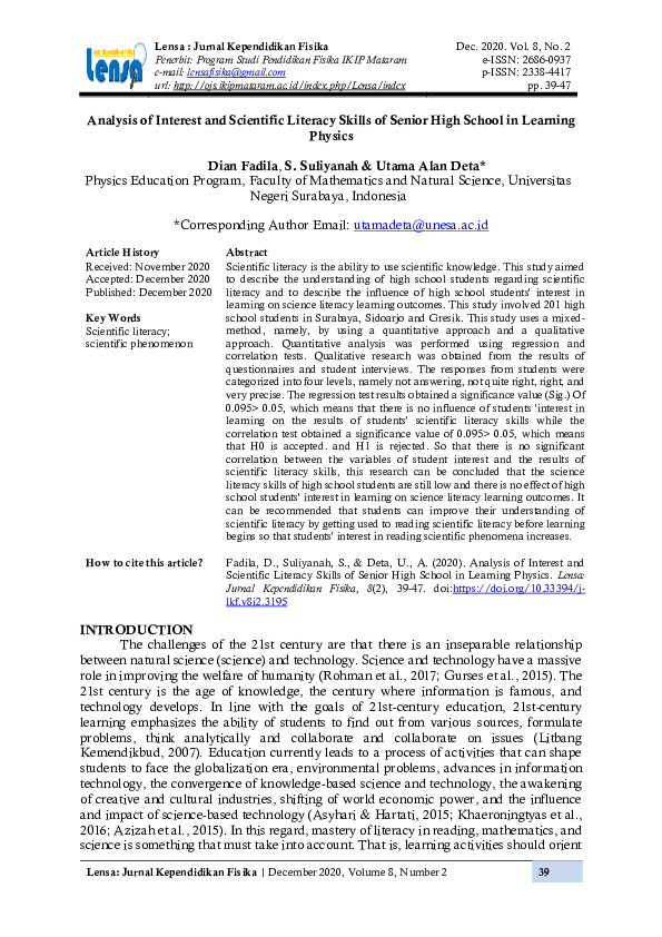 (PDF) Analysis of Interest and Scientific Literacy Skills of Senior ...